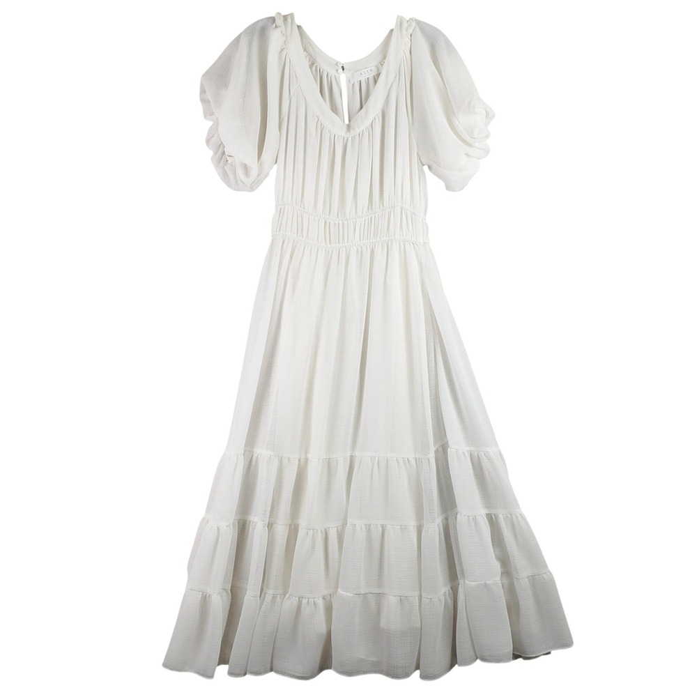 ASTR the Label Midi Dress Womens Medium White Cottagecore Puff Sleeve Tiered